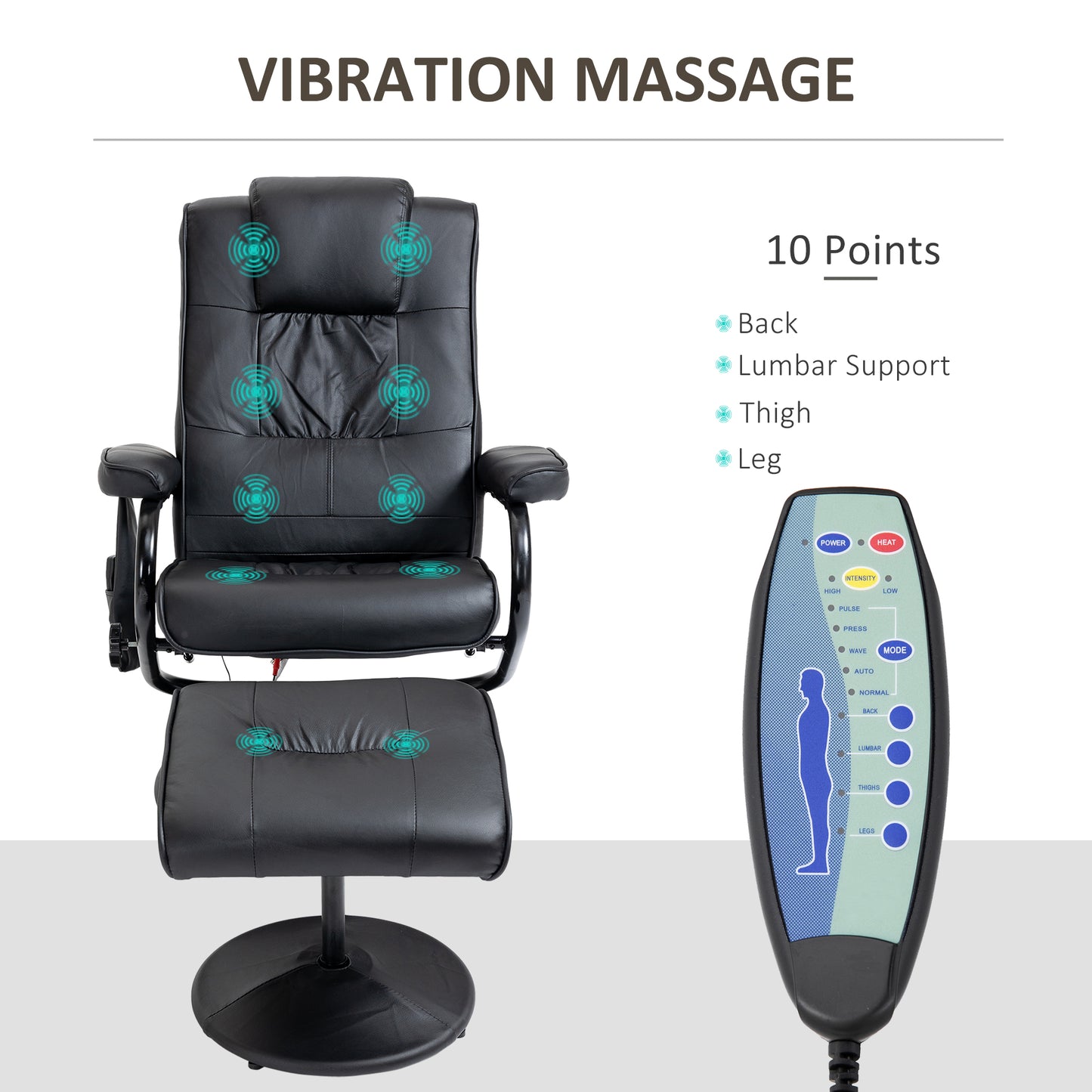 Swivel Recliner Chair And Footstool, Faux Leather Massage Recliner Armchair With Remote Control And Round Wrapped Base, Black