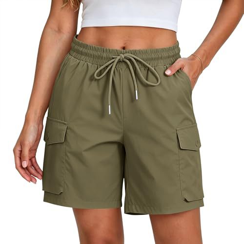 Summer New Quick Drying Workwear Shorts For Women, With Elastic Drawstring, High Waist, Multiple Pockets, Loose Five Quarter Pants, Outdoor Hiking, Leisure And Sports Shorts