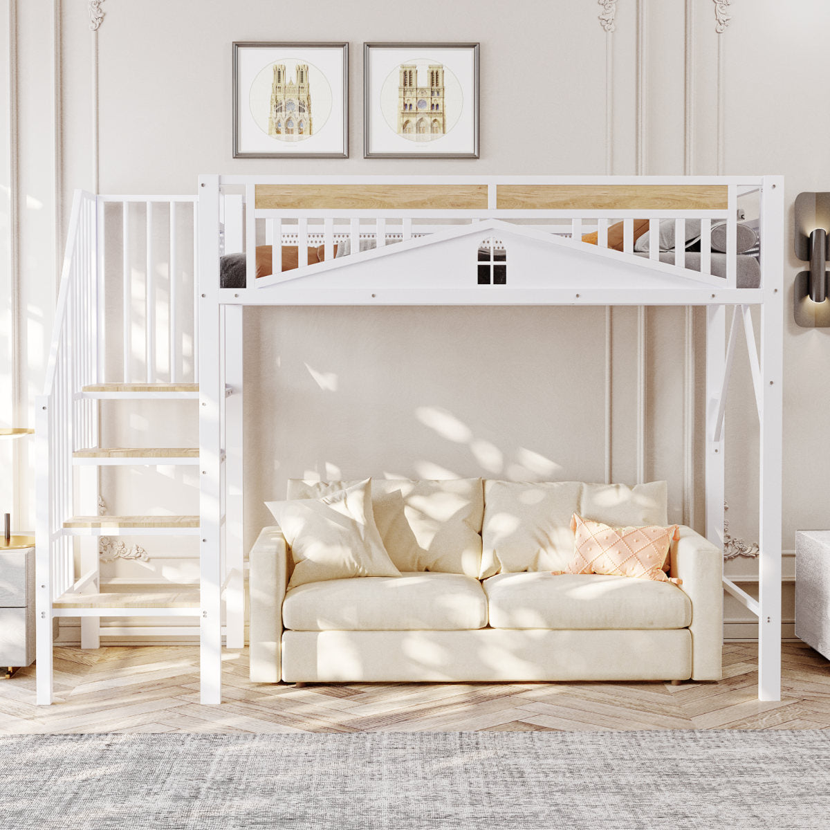 Metal Loft Bed 90 X 200 Cm, Unique Safety Border With Window, With Safety Ladder, Enough Space Under The Bed For Free Fabric Cover, White, Old SKU LDT00276AAK
