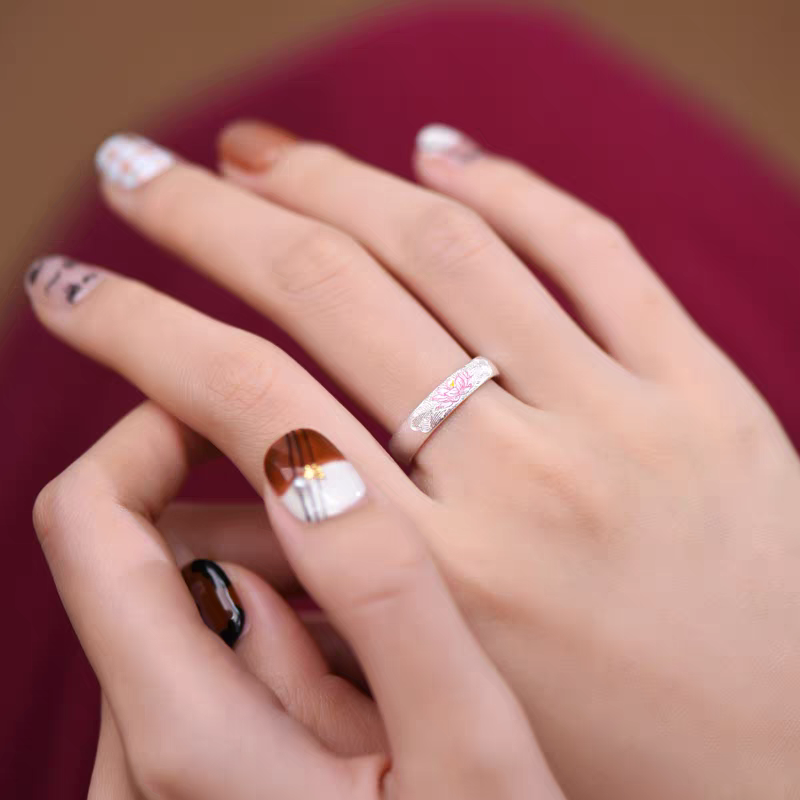 1pc 999 Sterling Silver Painted Lotus Open Ring, Fresh Chinese Style, Perfect For Daily, Dating & Gifting, Ideal Valentine's Gift