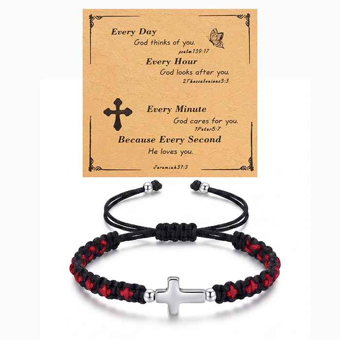 Handmade Braided Cross Bracelet For Men Women, Stainless Steel Religious Protection Bracelet, Adjustable Nylon Cord Christian Gift With Scripture Card
