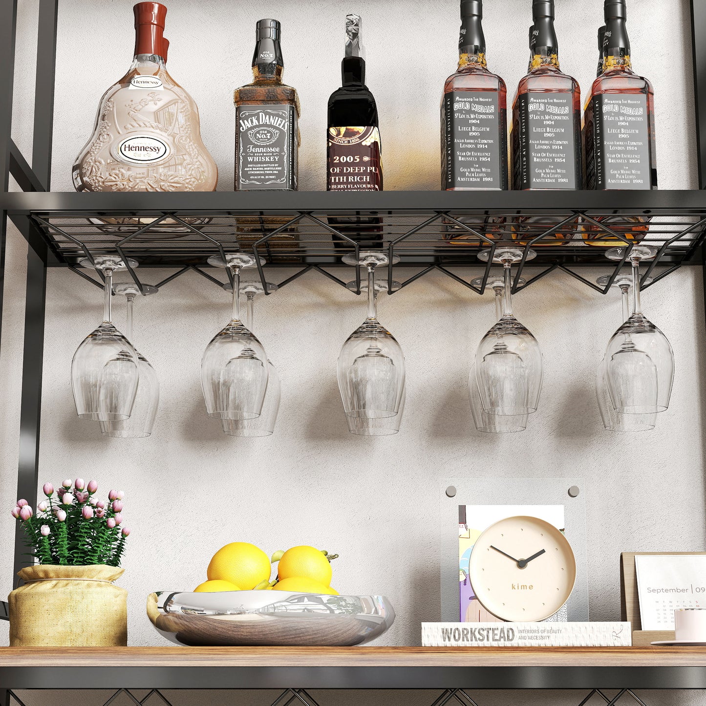 Industrial Wine Rack Bar Table, 3-Tier Liquor Bottle And Glass Holder With Storage Shelves, Metal And Wood Wine Organizer For Home Kitchen, Dining Room, And Living Room