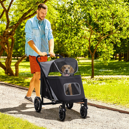 Dog Stroller For Large Medium Small Dogs Up To 66 Lbs. 23.5" In Body Length, One-Click Foldable Pet Cat Stroller With Storage, Shock Absorption Wheels, Mesh Window, Safety Leash, Gray