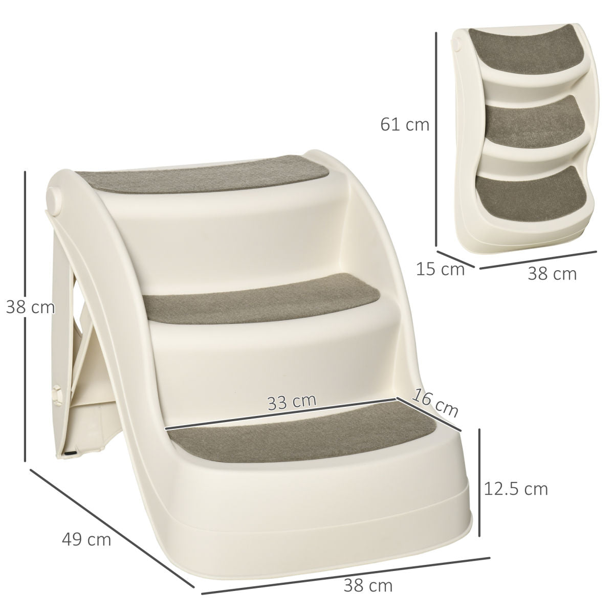 PawHut Foldable Pet Stairs Portable Dog Steps 3-Step Design With Non-slip Mats For High Beds, Sofas, 49 X 38 X 38 Cm, Cream