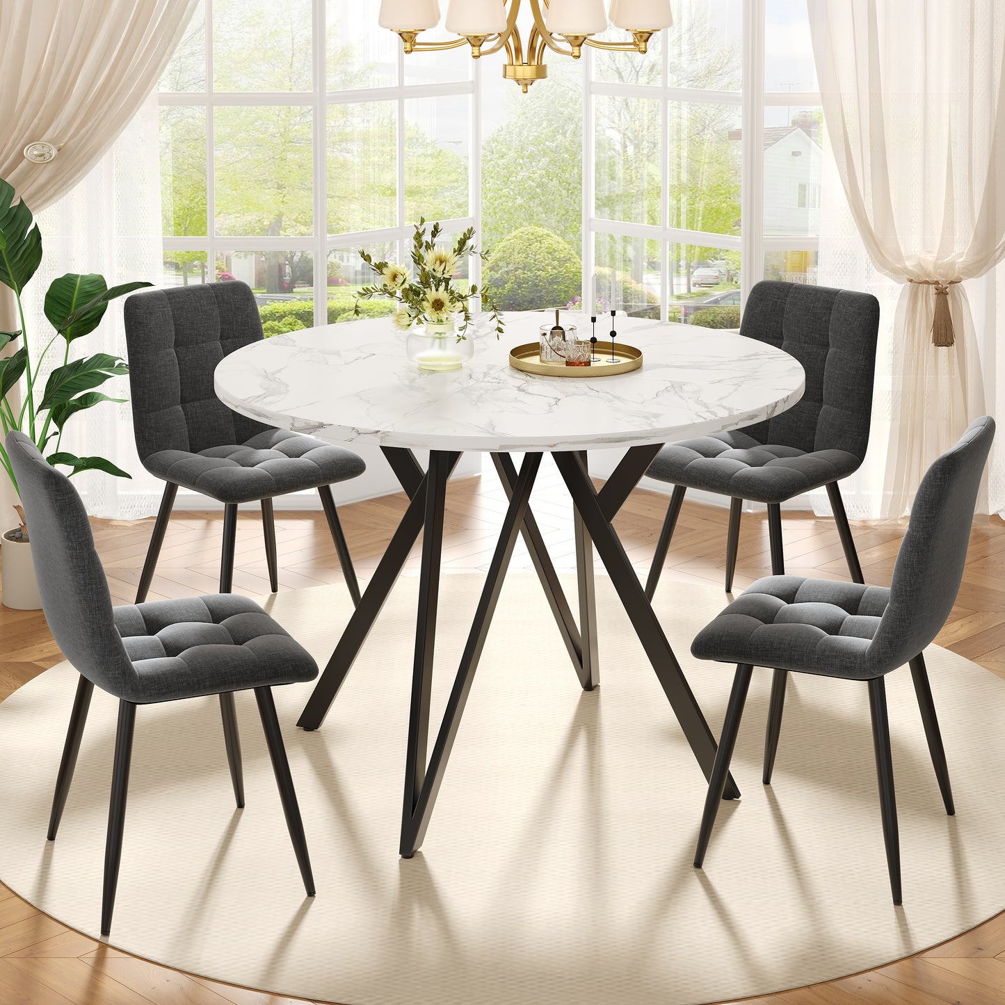 Round Dining Table  100x100x76cm , Kitchen Dining Table, Round Coffee Table For 4 People, Suitable For Dining Room, Living Room, Stylish Metal Table Legs, MDF Marble Table Top, Black