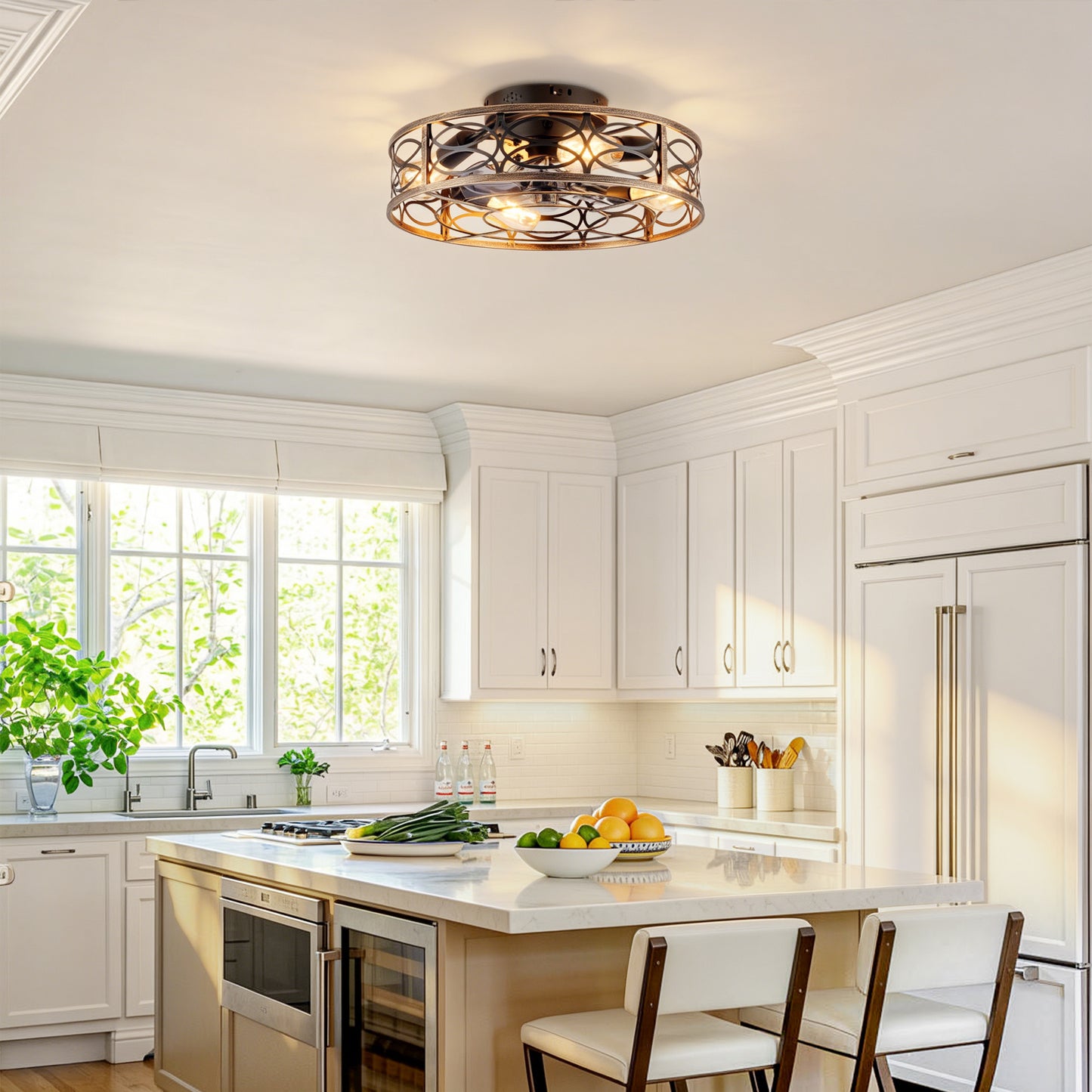 20in Low Profile Caged Ceiling Fans With Lights And Remote, Farmhouse Flush Mount Ceiling Fan With 6 Speeds Reversible Motor, For Kitchen, Bedroom--NOT Included Bulbs
