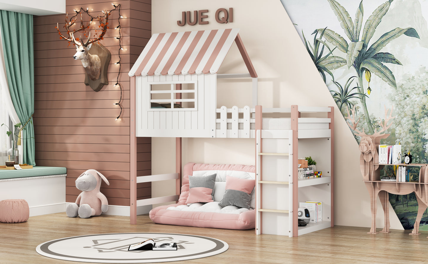 Children's Bed 90x200 Cm High And Low Bed For Boys And Girls Home Bed Roof Shape With Safety Ladder With Storage Compartment Multifunctional Bed Solid Wood Bed With Slatted Base Pink