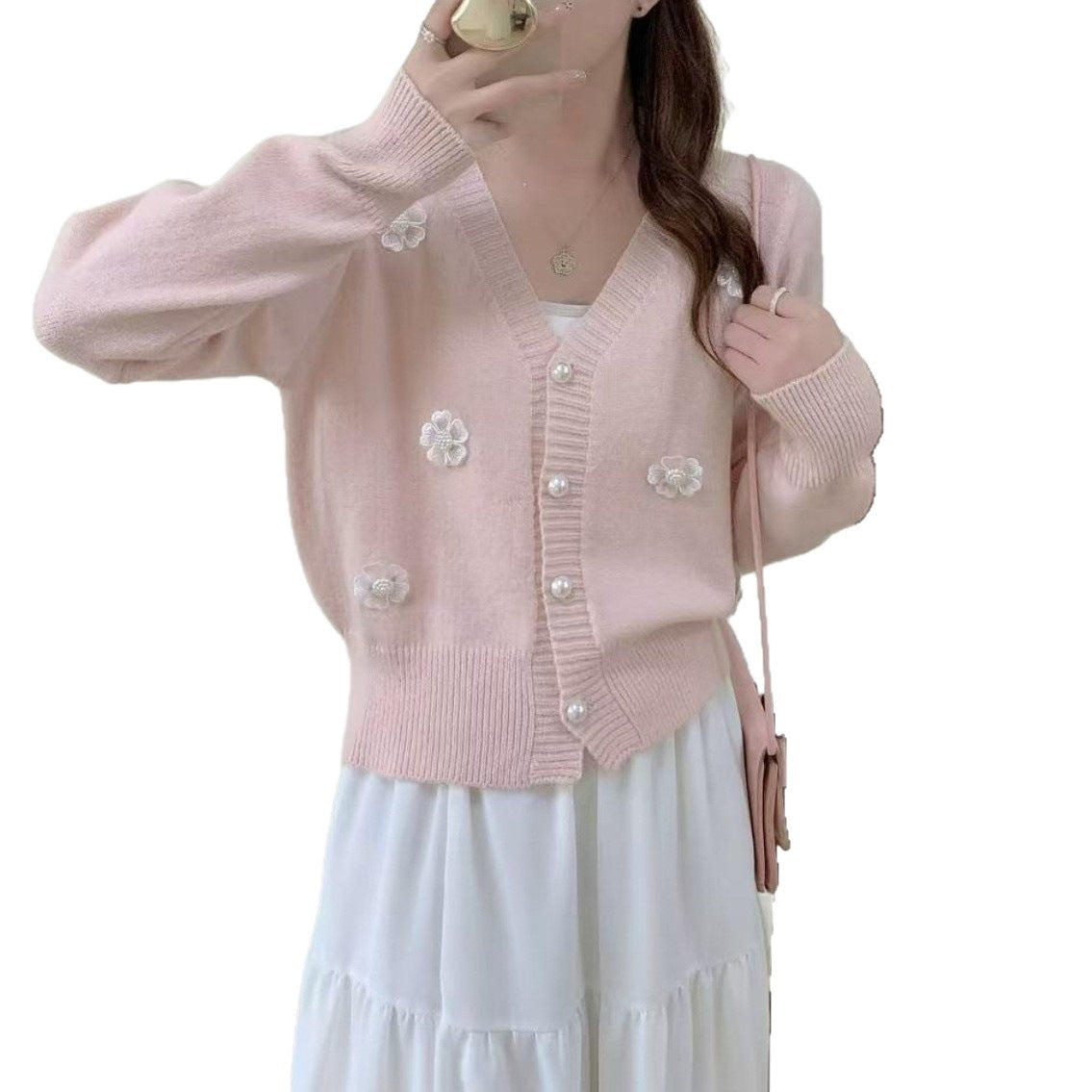 Korean-style 3D Floral Beaded Knit Cardigan For Women Autumn