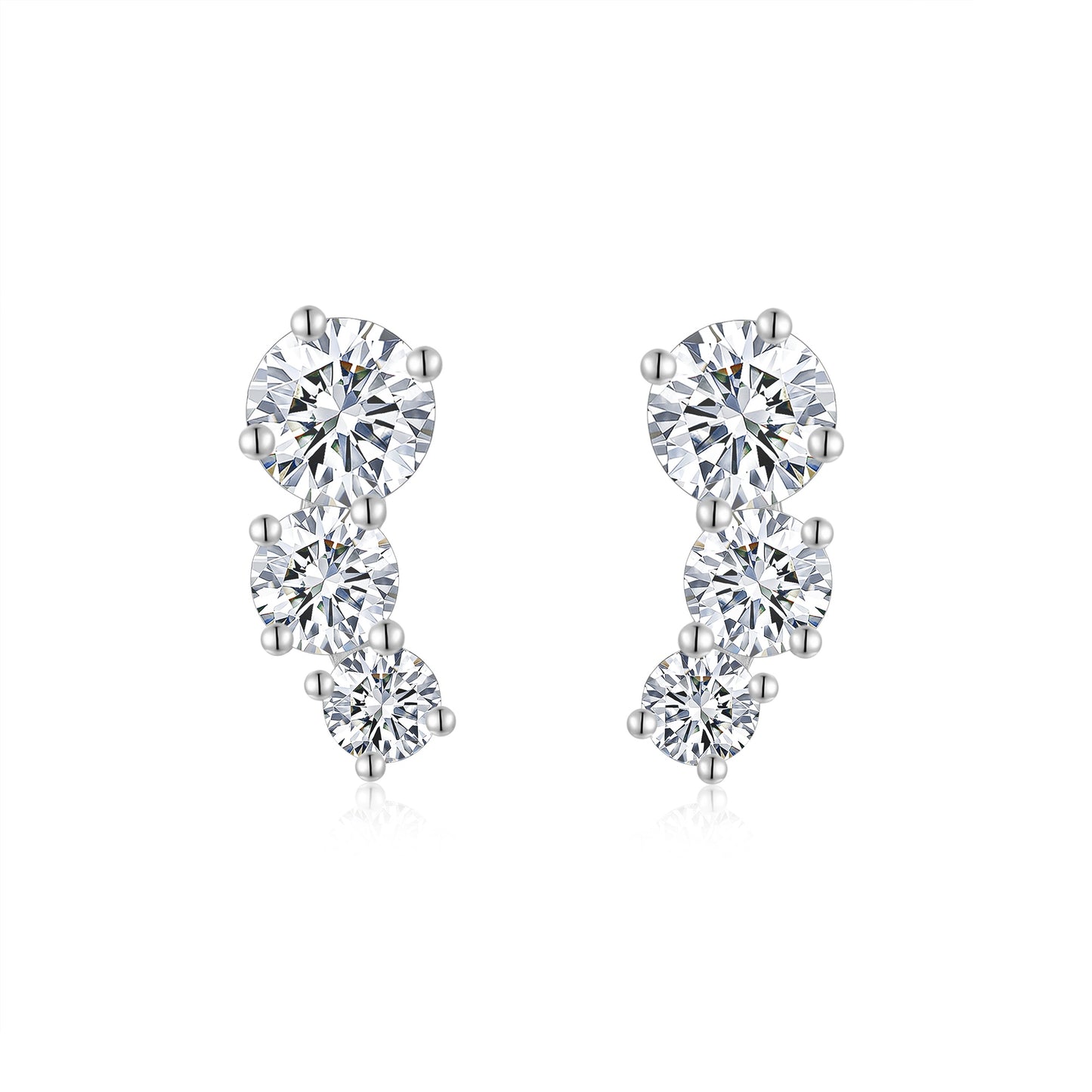 S925 Sterling Silver 3-Stone Graduated Stud Earrings, 1ct D-VVS1 Moissanite Journey Earrings, Platinum Plated 2.5g With GRA Certificate Gift Box