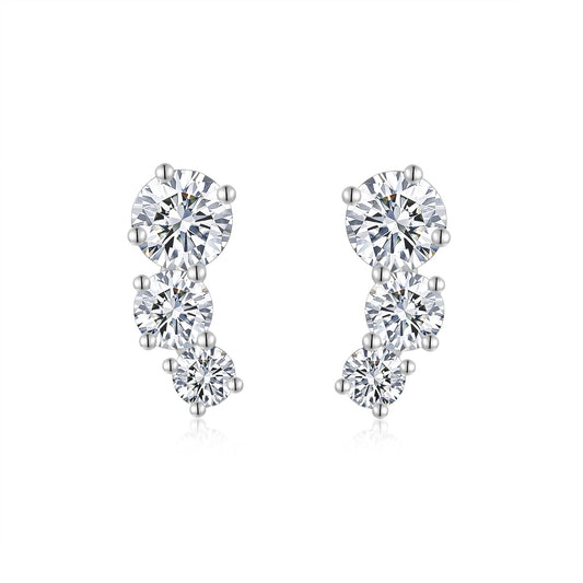 S925 Sterling Silver 3-Stone Graduated Stud Earrings, 1ct D-VVS1 Moissanite Journey Earrings, Platinum Plated 2.5g With GRA Certificate Gift Box