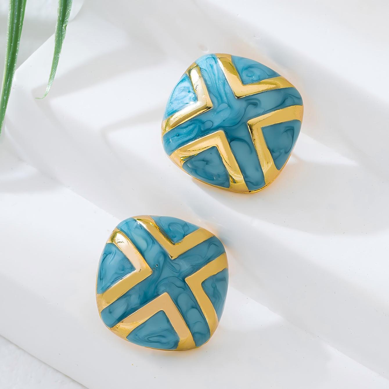 Glaze-Drip Style Light Luxury Blue Square Stud Earrings, Striped Geometric Earrings, Niche Style, Versatile, Exquisite, Gentle Accessories