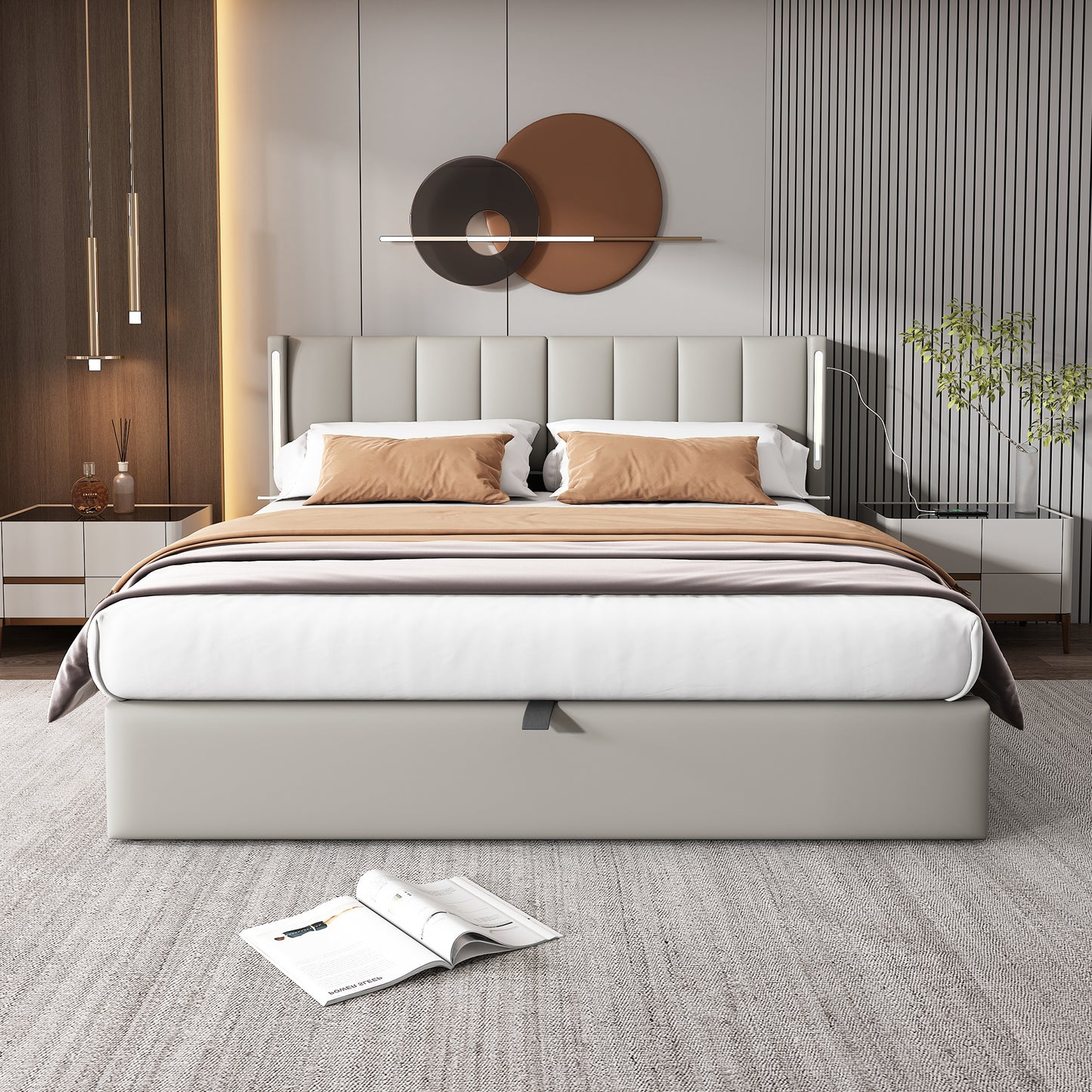 Binaural LED Upholstered Bed 180 X 200 Cm, Hydraulic Bed, Rechargeable USB Port In Bed, With LED Lighting, With Storage, Adjustable Headboard, PU, Grey