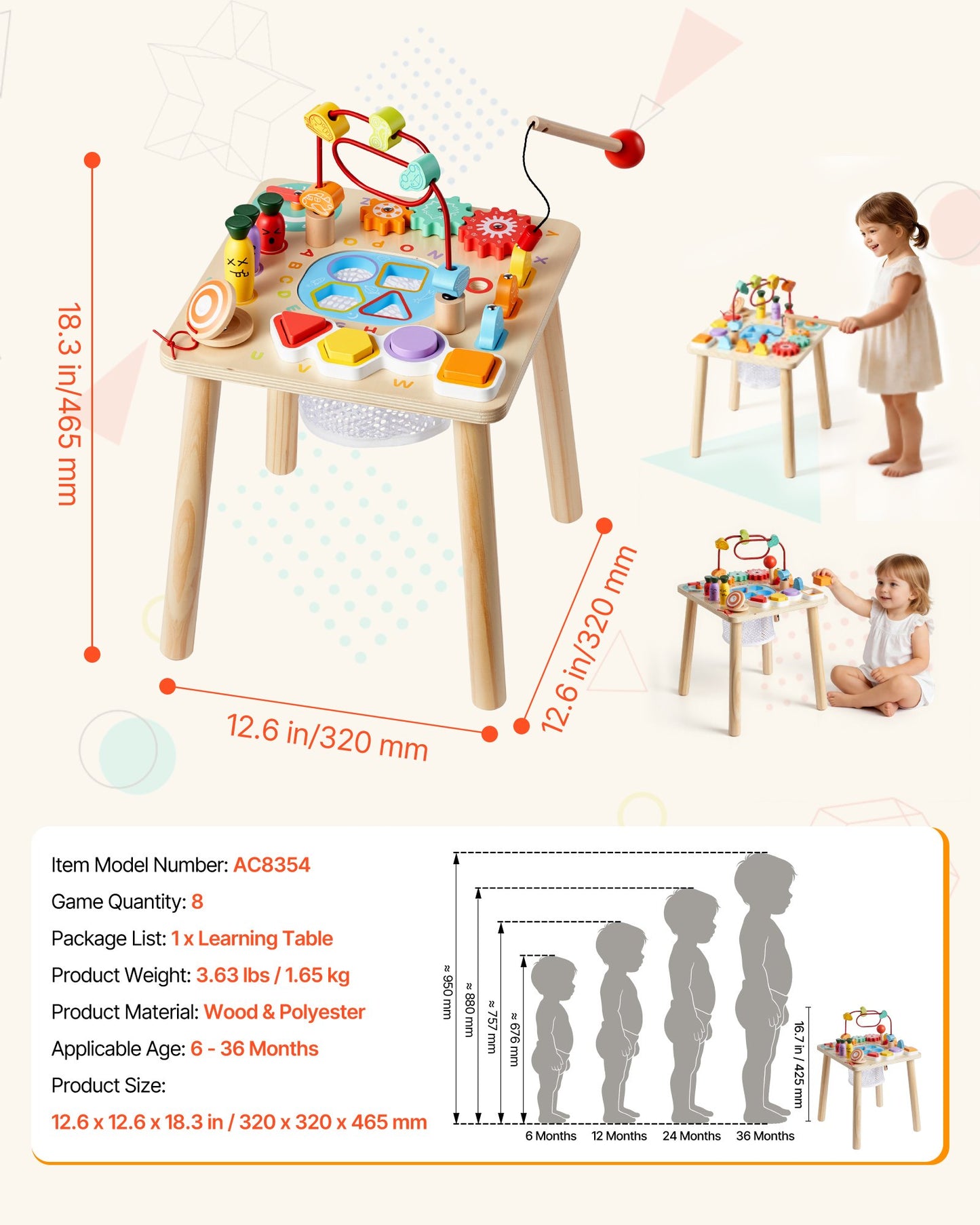 Montessori Activity Table For Toddler 1-3 Years Old, 8 In 1 Wooden Learn Activity Desk, Baby Play Table For Boys & Girls Aged 6+ Months, Great Birthday, Christmas, Children's Day Present