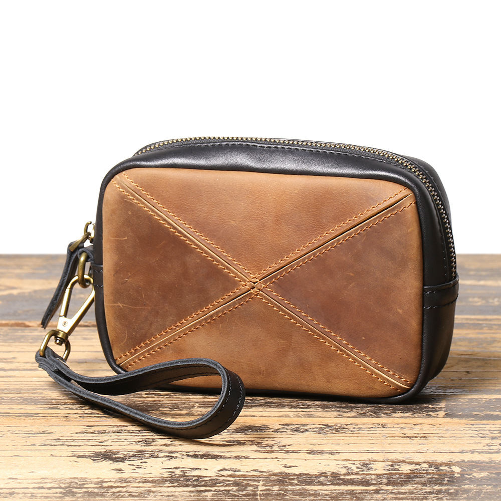 Unisex Retro Artistic Stitching Craft Personalized Leather Messenger All-match Mobile Multi-layer Zipper Square Bag