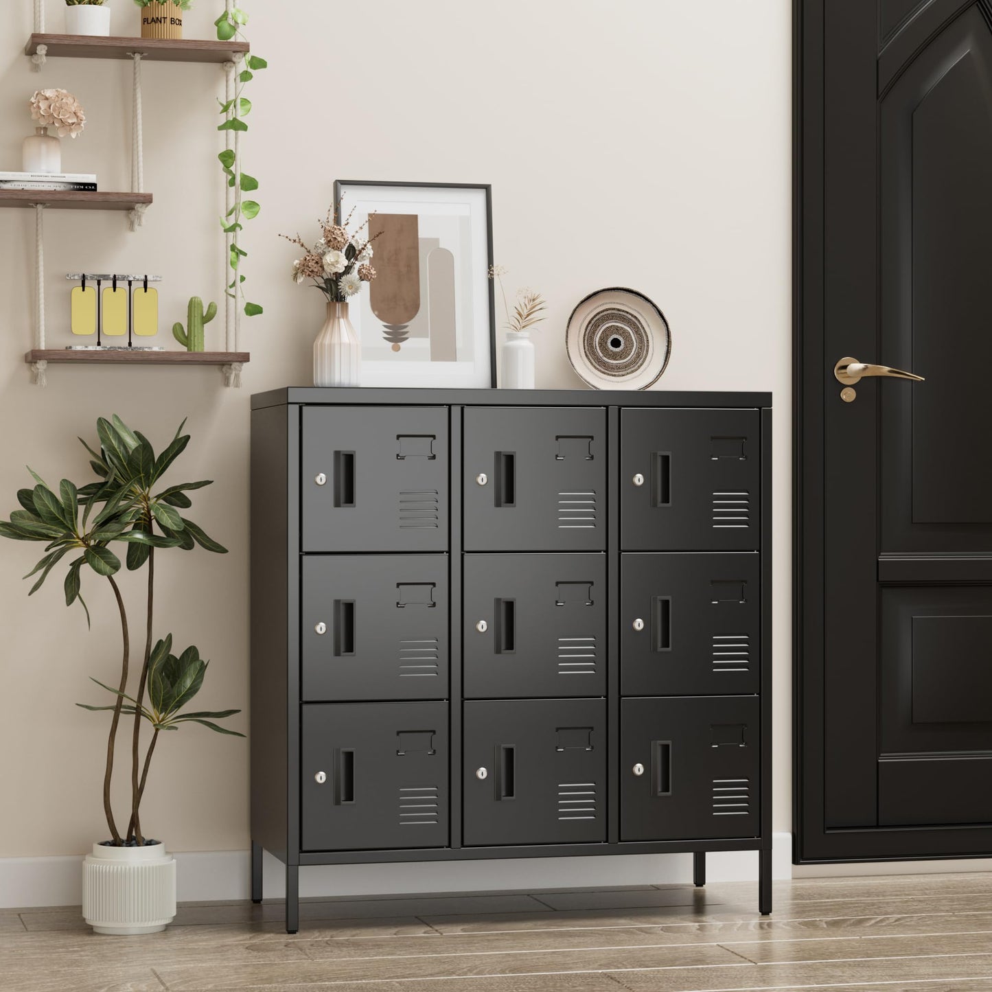SUPEER Metal Lockers For Employees With 9 Doors,Lockable Metal Locker With Keys And Card Slot,Office Storage Locker For School Gym Home,15.79inch D X 35.51inch W X 37.8inch H,Black,Assembly Required