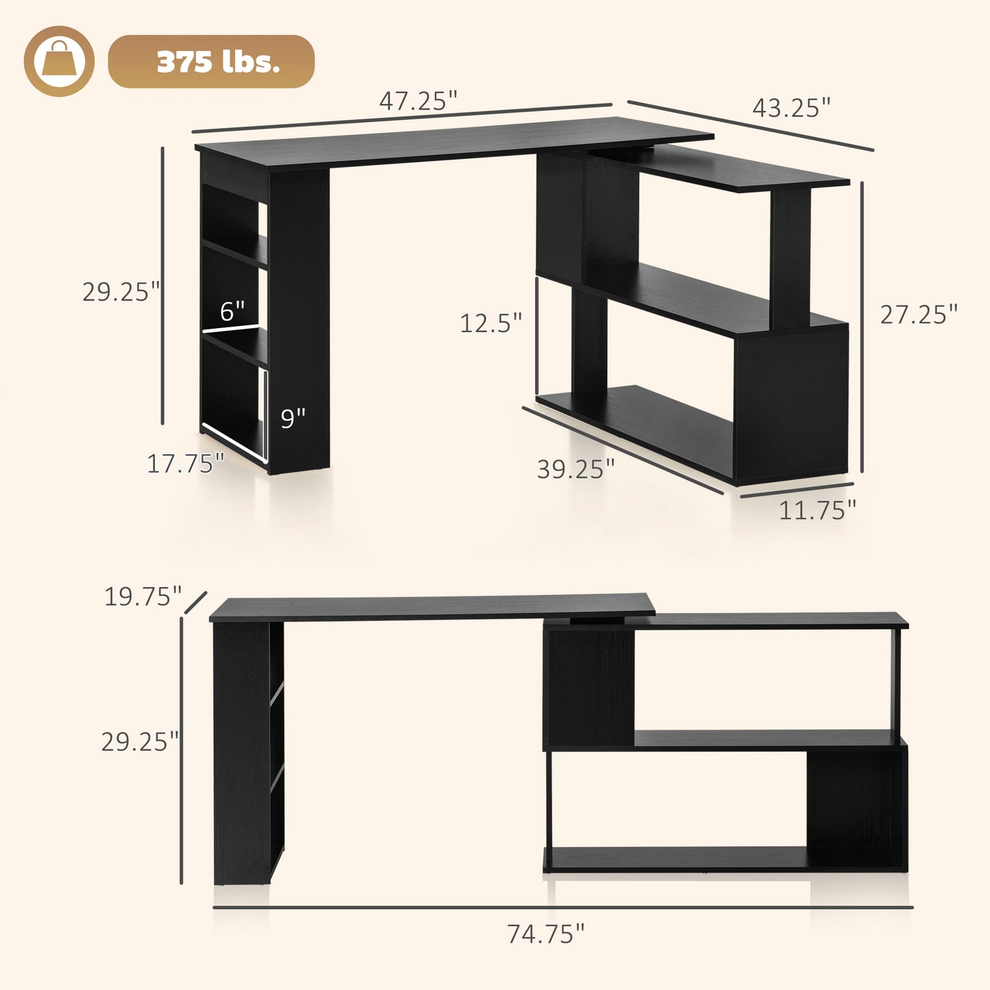 360° Rotating Home Office Desk L Shaped Corner Computer Desk with Storage Shelves, Writing Table Workstation, Black