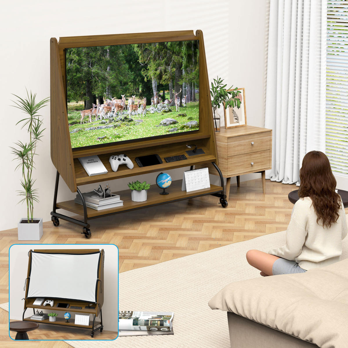 Mobile TV Stand With Mount For 32-50 TV With Projector Screen & Power Outlets - Adjustable Rolling TV Cart, MDF Wood