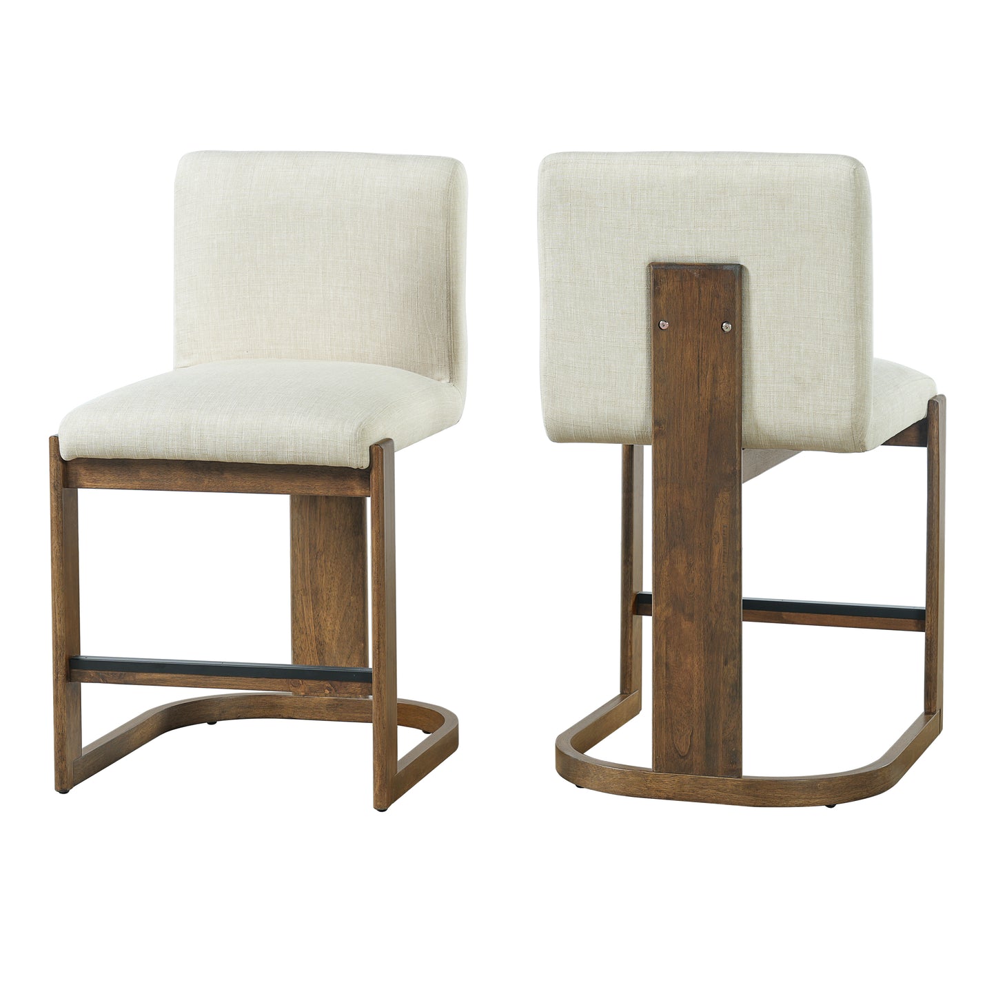 Modern Bar Stools Set Of 2, 24  Solid Wood Counter Height Barstools, Linen Upholstered Kitchen Island Chair With Walnut-Finished Wood Legs For Home Bar Coffee Shop,Beige