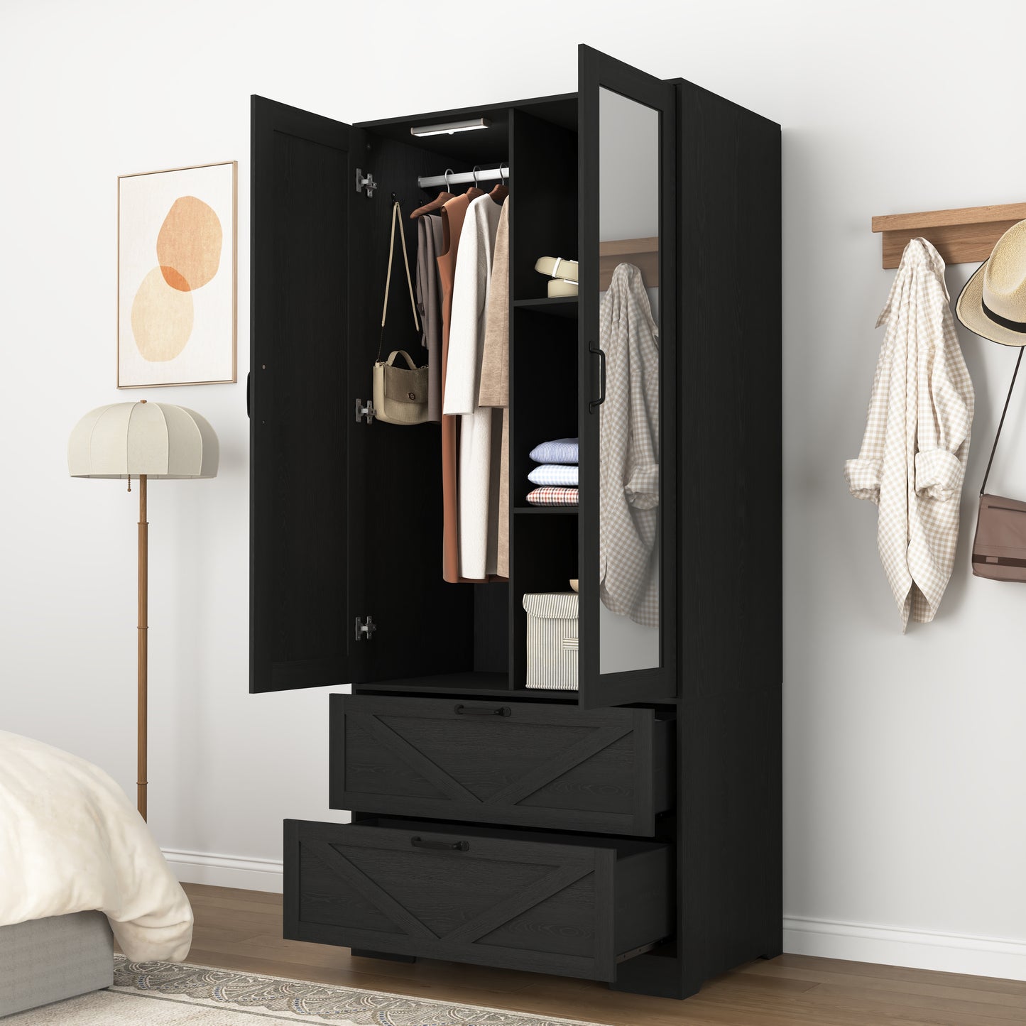 2 Door Wood Wardrobe For Bedroom With Hanging Clothing Rod Inside The Cabinet And 2 Drawers For Storage Organization, Built-in Induction Light Multifunctional Closet With Mirror, Black