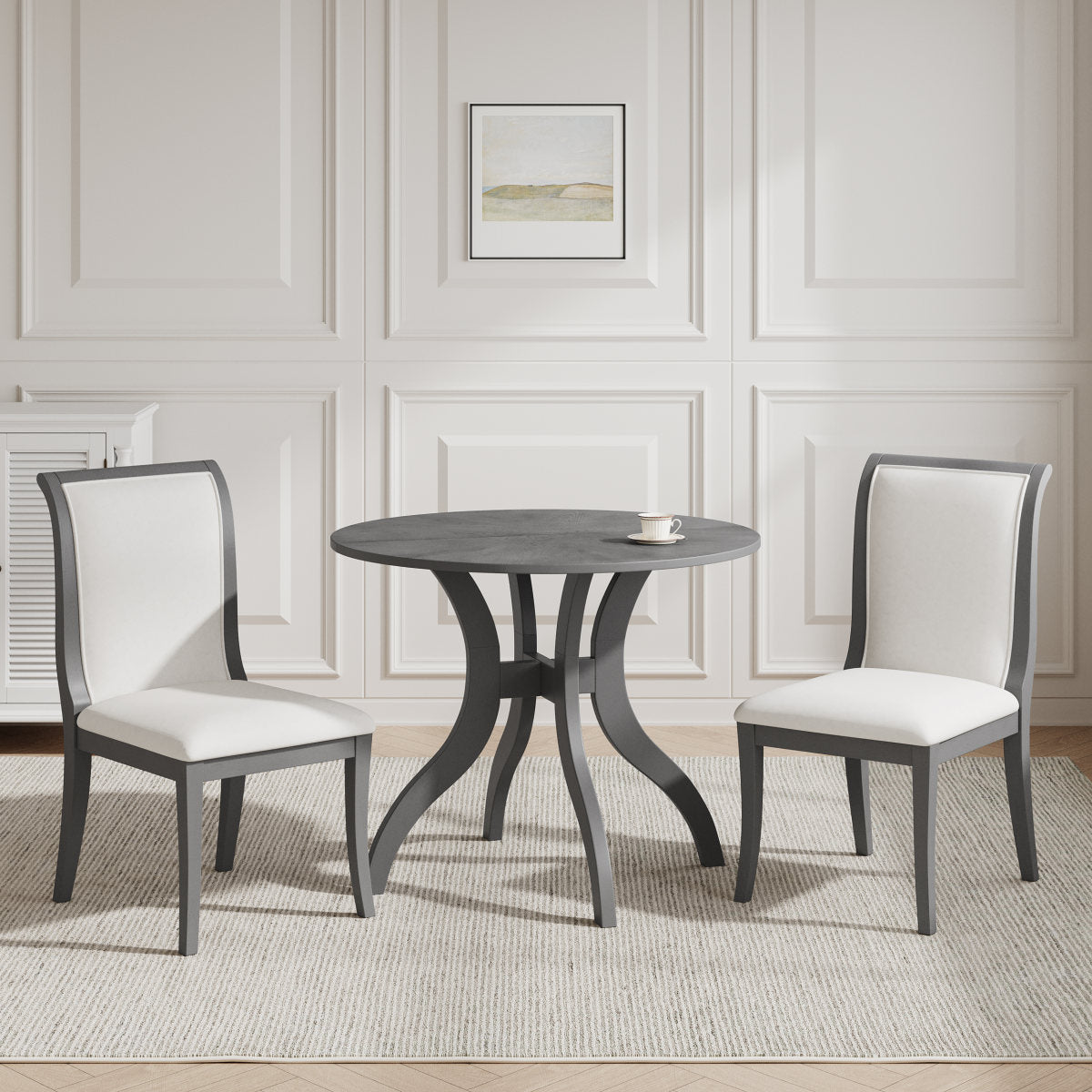Oak Gray Dining Table Set:39.4" Round Table + 2 Chairs - Traditional Solid Wood Kitchen Set with Inlaid Tabletop, Elegant Curved Legs for Dining Room