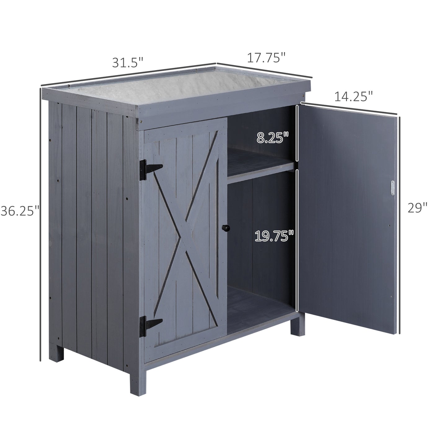 Outdoor Storage Cabinet, Outdoor Tool Shed With Galvanized Top And Two Shelves For Yard Tools Or Pool Accessories, Gray
