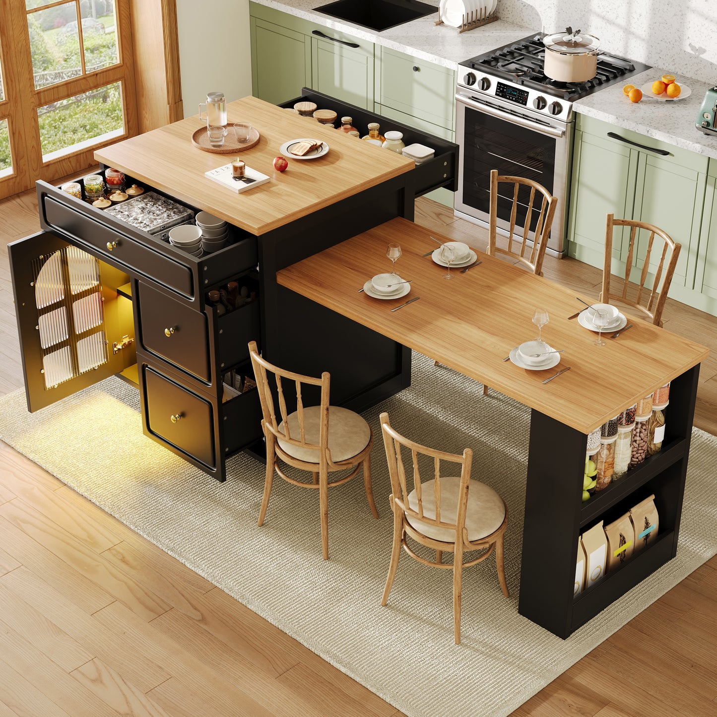 Extendable Bar Table With Storage  122.5-195.5x70x93.5cm , With Four Drawers And Curved Glass Door, Kitchen Island With Extendable Table, LED Color Light, For 2-6 People, Kitchen Dining Cart With Side