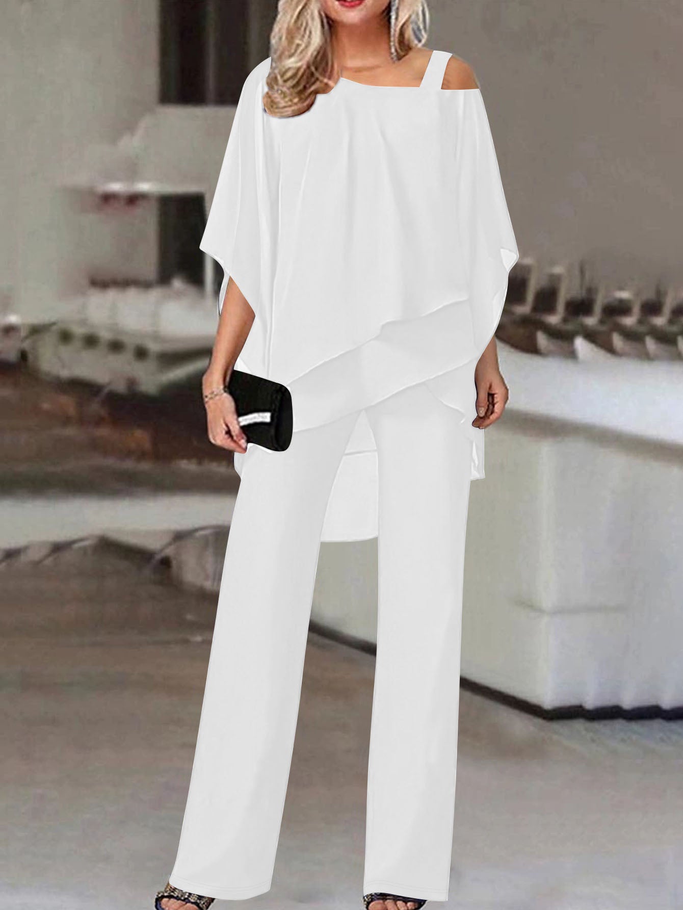 Cold Shoulder Asymmetrical Ruffle Blouse & High Waist Wide Leg Pants Set For Women Casual Elegant Two Piece Outfit Casual Office Wear