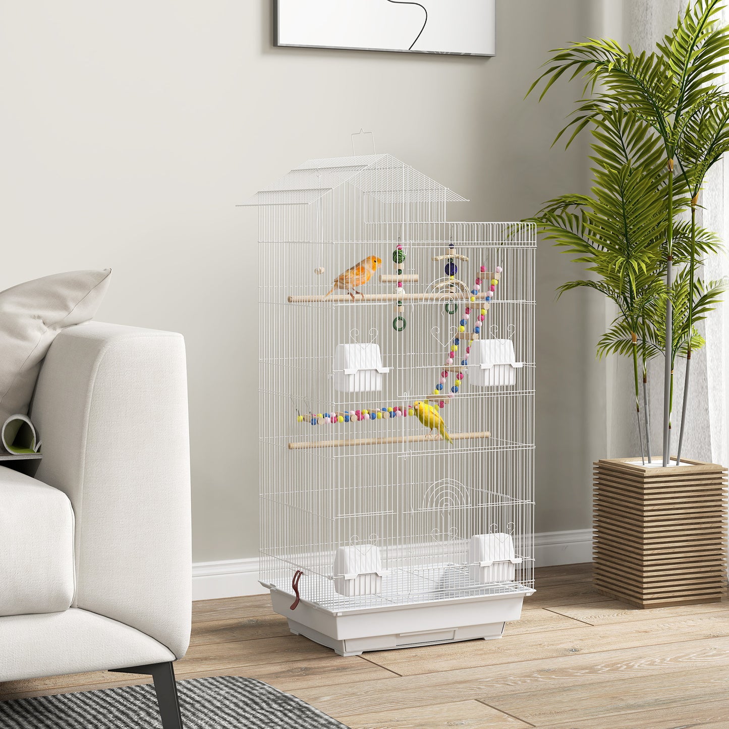 PawHut Bird Cage For Budgies, Finches, Canaries W Accessories, Toys, Tray, White