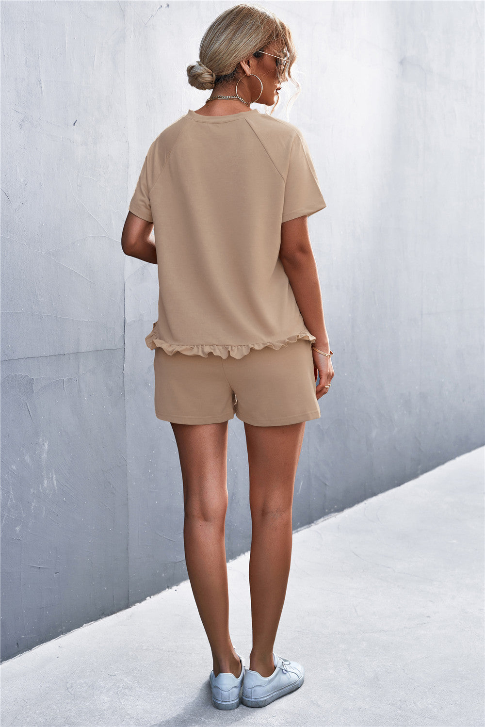 Spring And Summer New Product Best-selling Solid Color Round Neck Ruffled Short Sleeves Shorts Casual Suit
