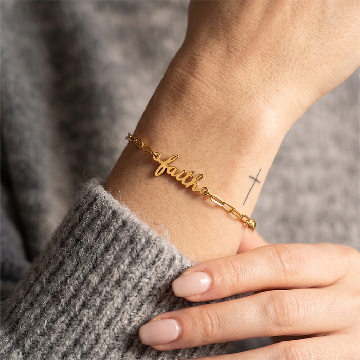 18K Gold Plated Stainless Steel Faith Bracelet For Women, Adjustable Paperclip Chain Script Word Charm Bracelet, Meaningful Religious Gift