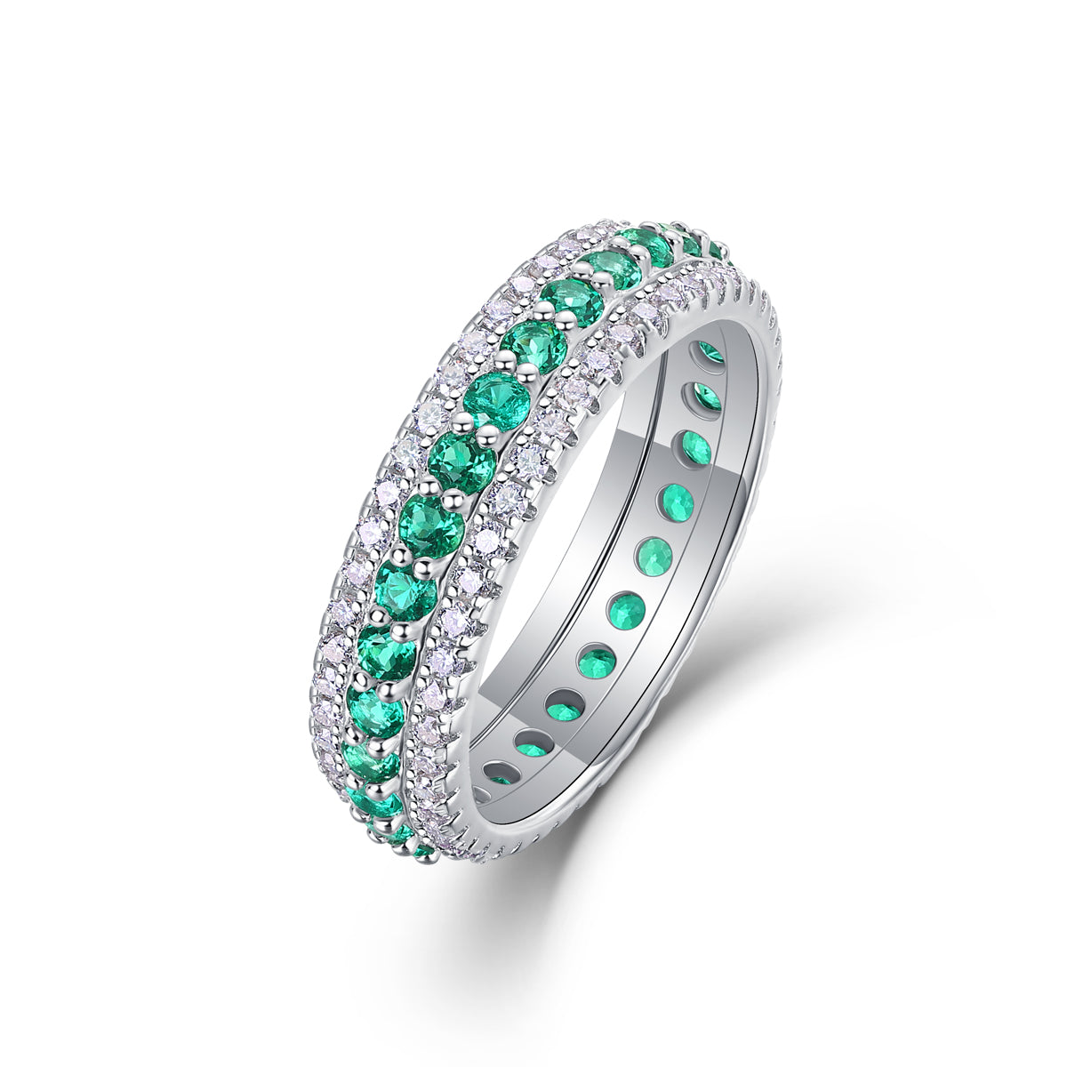 3.6g S925 Sterling Silver Platinum Plated Ring  3 Row Pave Band With Green Gemstones, Dainty Stackable Eternity Promise Ring For Women, Jewelry Gift Box Set