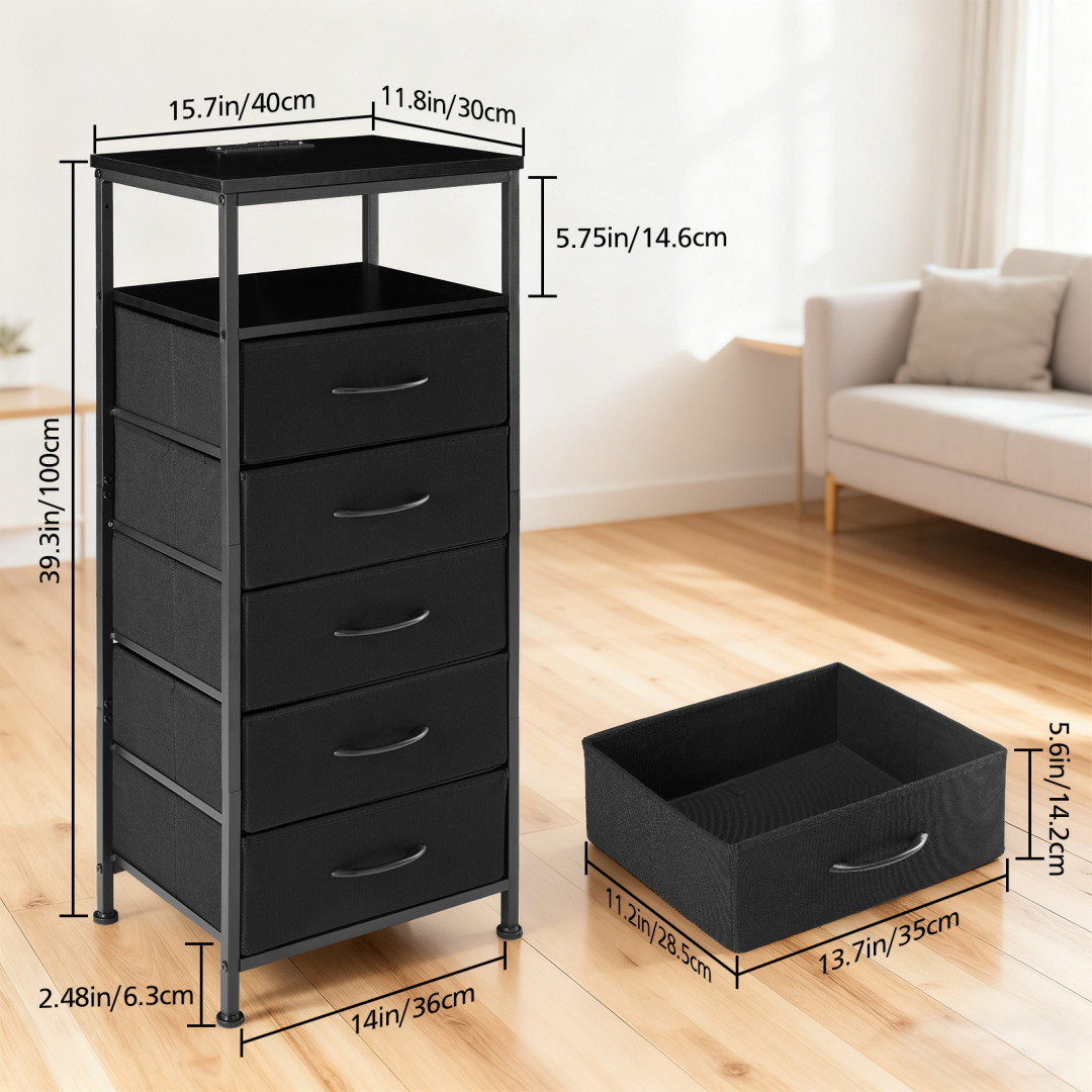 Nightstand With Charging Station, Bedside End Table With 5 Fabric Drawers & USB-Type-C Ports And Outlets
