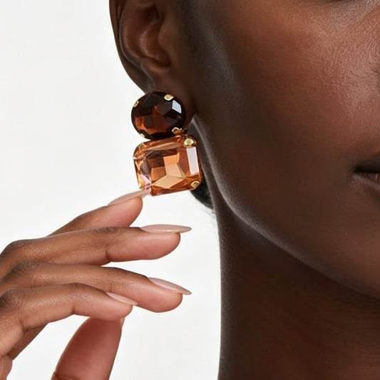 European American Vintage Color CZ Spliced Stud Earrings, Fashion Versatile Geometric High-End Earrings, Niche Unique Design Ear Jewelry For Women