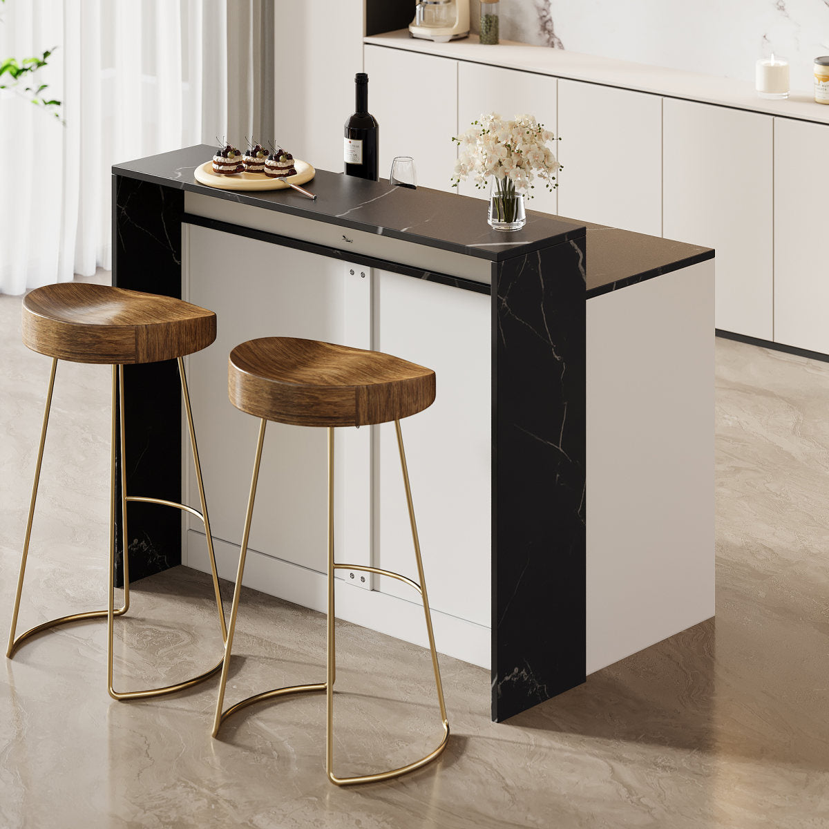 Kitchen Island, Kitchen Island With Bar Counter, Kitchen Table & Bar Counter, Multifunctional Kitchen Table, With Pet Rest Area, For Kitchen & Dining Room, White  Black Marble Look, 120x80x100cm