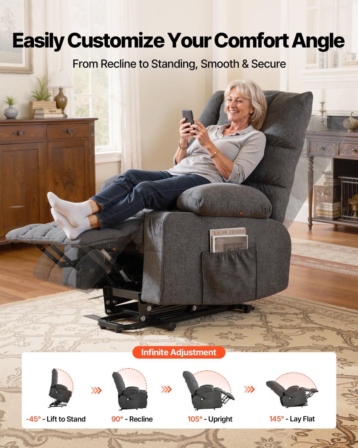 Power Lift Recliner Chair, Large Electric Lift Chair With Heat And Massage For Elderly, Infinite Position Adjustment, Chenille Fabric, With Side Pockets, Cup Holders And USB Port, Dark Gray