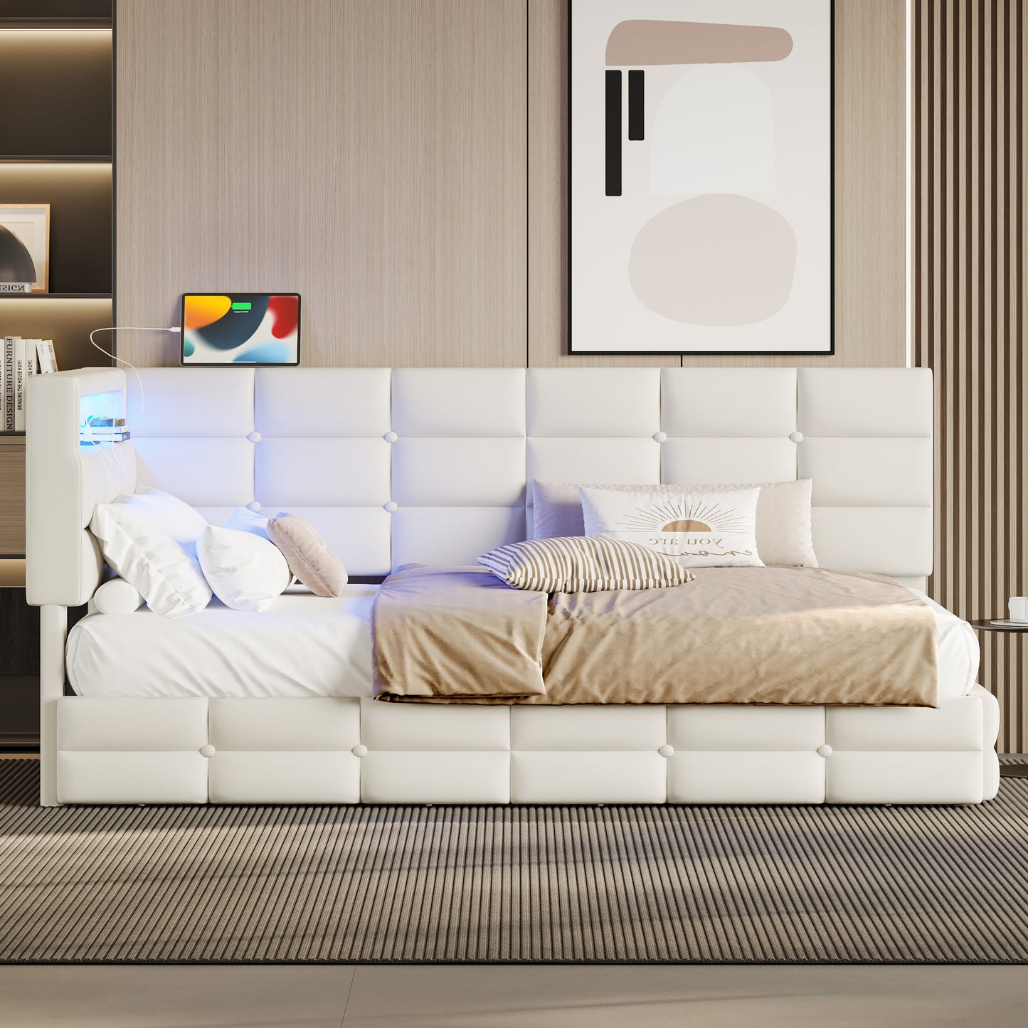 Upholstered Twin Size Daybed With Storage 2 Drawers And Charging Station, Day Bed Frame With LED Lights And Storage Headboard, No Box-Spring Needed, Beige