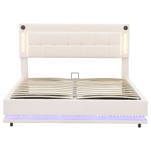 4ft6 Double LED Hydraulic Bed With Charging Station, Adjustable Square Tufted Headboard With Intelligent Control Light, Soft Velvet Bed Frame With USB And Type - C Ports, Beige