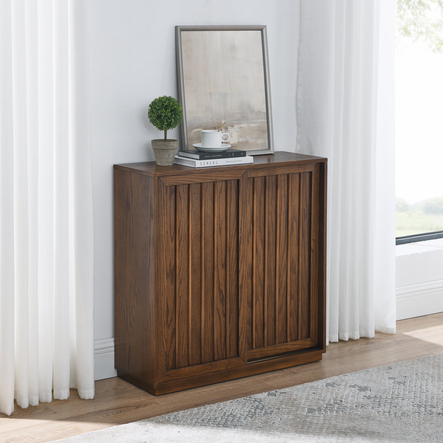 Mid Century Sideboard With 2 Sliding Door & Solid Wood Decorative Strips, Storage Cabinet For Living Room, Kitchen, Dining, Entryway, Hallway