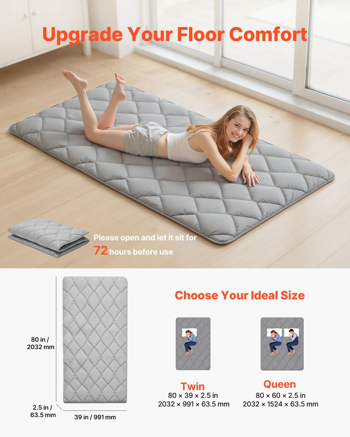 Japanese Tatami Mat, Twin Size Foldable Japanese Tatami Mattress, Futon Mattress With Storage Bag & Fastener, 9-Layer Floor Mat For Sleeping, Dormitory, Meditation, Yoga, 80 X 39 X 2.5 In, Gray