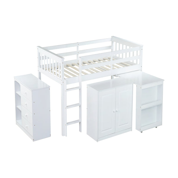 Twin Loft Bed With Storage Cabinet, Drawer And Shelf Cabinet And Pulling-Out Desk, Rubber Wood Loft Bed With Safety Guardrail, Ladder,White