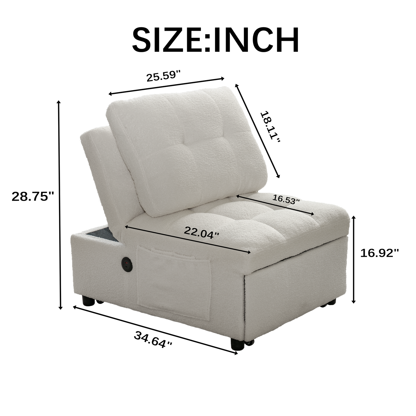 Single Sofa Bed Without Armrests, Soft Teddy Fabric Texture, Skin-friendly, Built-in USB Charging Port, Side Storage Pocket, Adjustable Backrest, Suitable For Small Apartment Living Rooms Or Studies