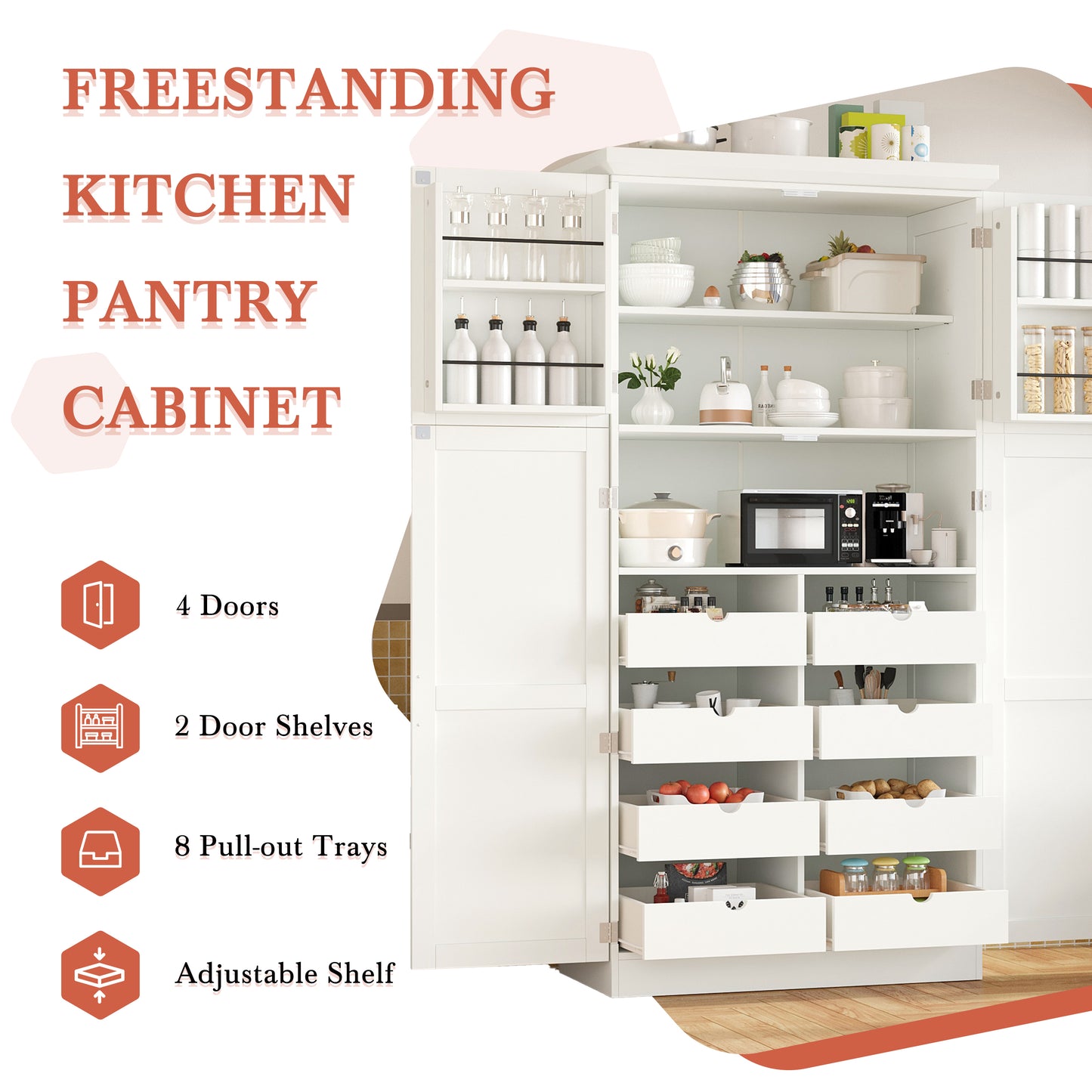 TOPMAx 35.5x17.6x70.9inch Freestanding Kitchen Pantry Cabinet  Tall Storage Cabinet With 4 Doors  2 Door Shelves  8 Pull- Out Trays And Adjustable Shelf For Dining Room  White