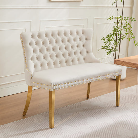 Velvet Double Dining Loveseat Bench, Kitchen & Dining Seating, 2-Seat Tufted Bench W Handmade Buttons, Wing Back, Gold-Plated Steel Legs, Mid Century Modern,Single Pack,Beige,DE1602BG