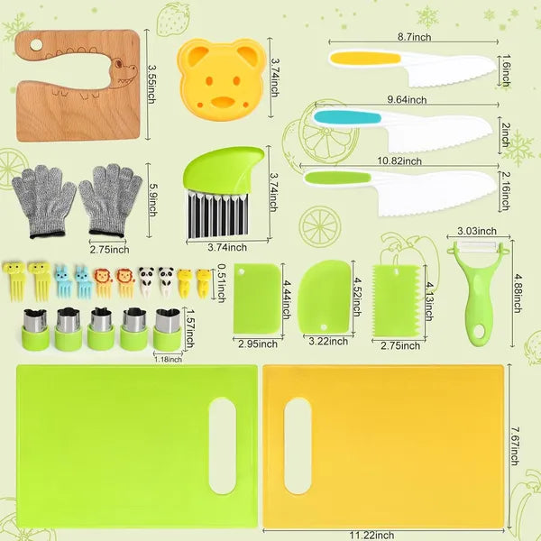 28PCS Knife Set - Kids Knifes For Real Cooking, Montessori Kids Kitchen Knife Set With Cutting Board Crinkle Cutters Kid Safe Knives, Kitchen Tools Old Girl Boy