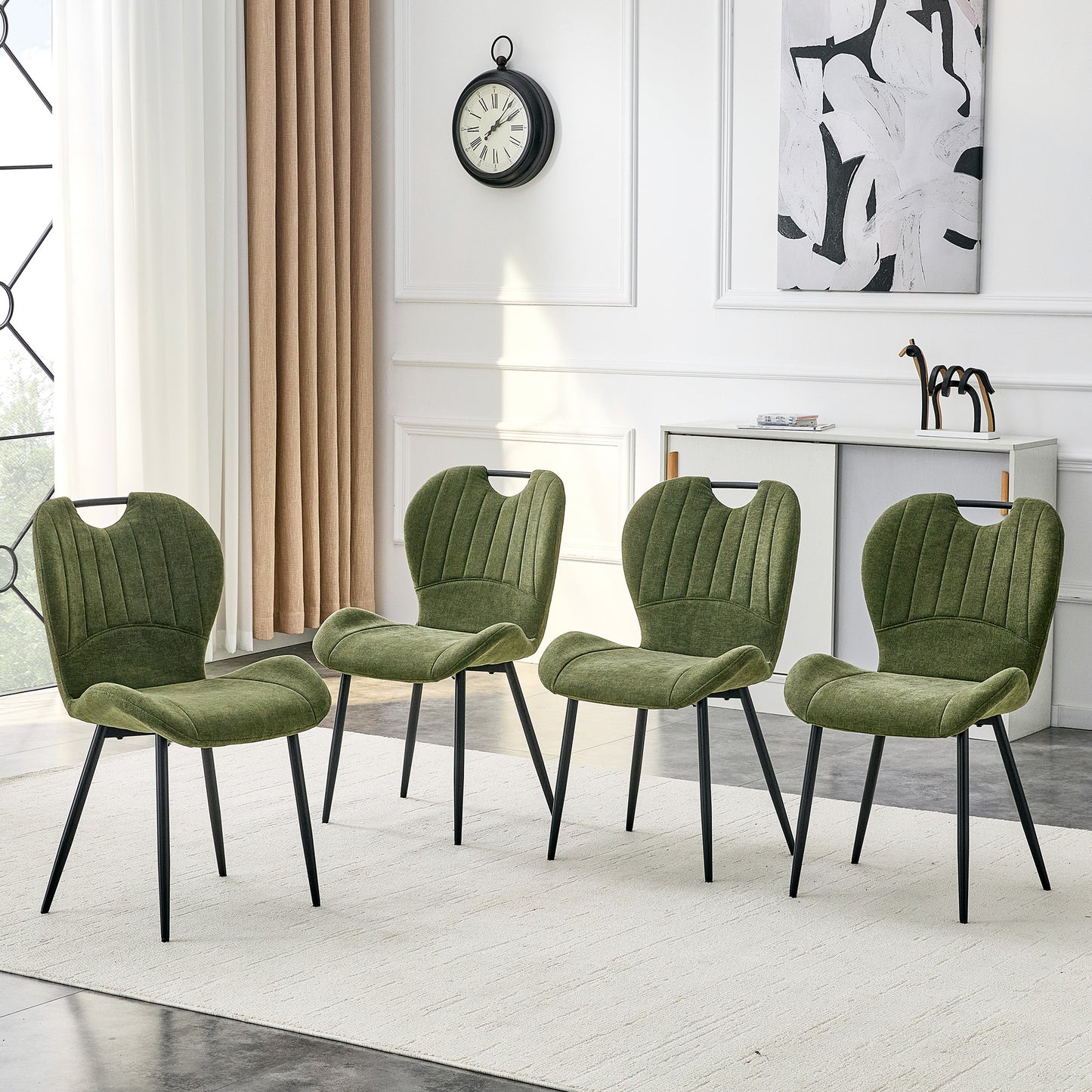 Set Of 4 Olive Green Fabric Dining Chairs With Integrated Handle.Black Metal Frame, Adjustable Leveling Feet. Home Dining Chairs With Extra-Wide Comfortable Cushion, Versatile For Study Or Vanity Use.