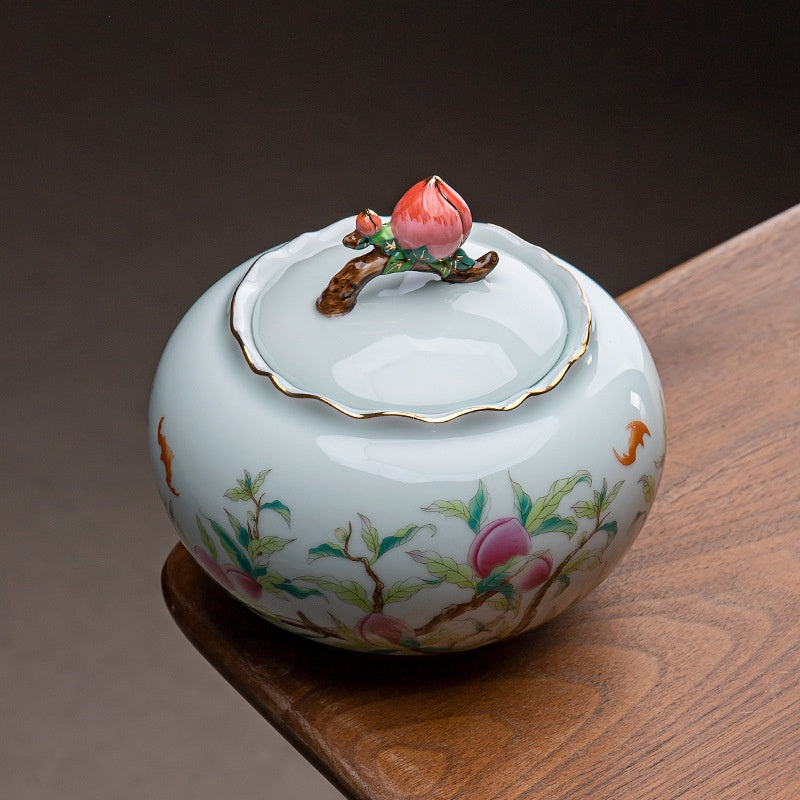Large Peach-shaped Tea Caddy In Pastel Colors Hand-Painted Longevity Peach Design Decorative Tea Container