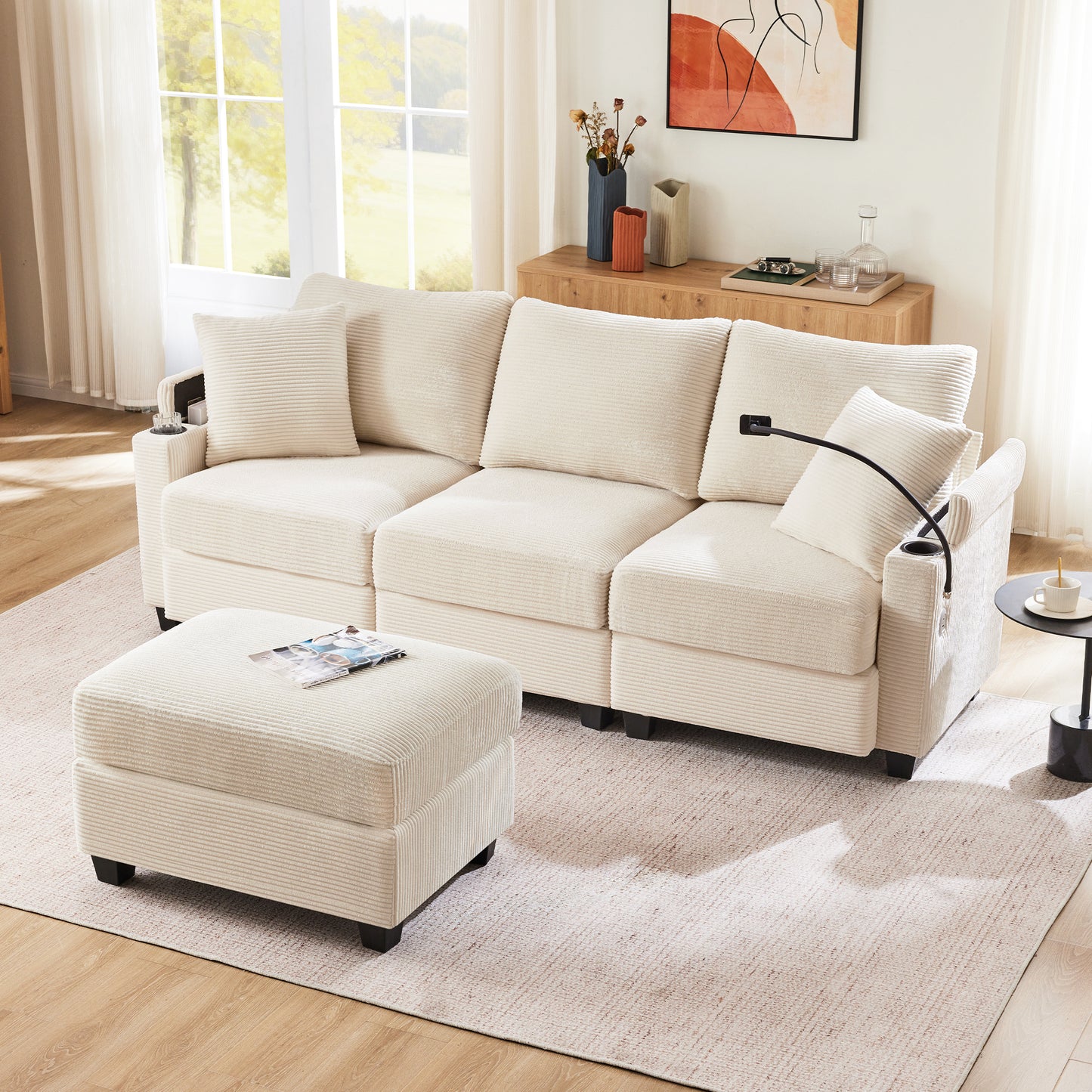 L-Shaped Corner Sofa, Convertible 3 Seater Sofa With Footstool, Cup Holder, USB Charger, Armrest Rest And 2 Cushions, Suitable For Living Room Office Apartment, Beige