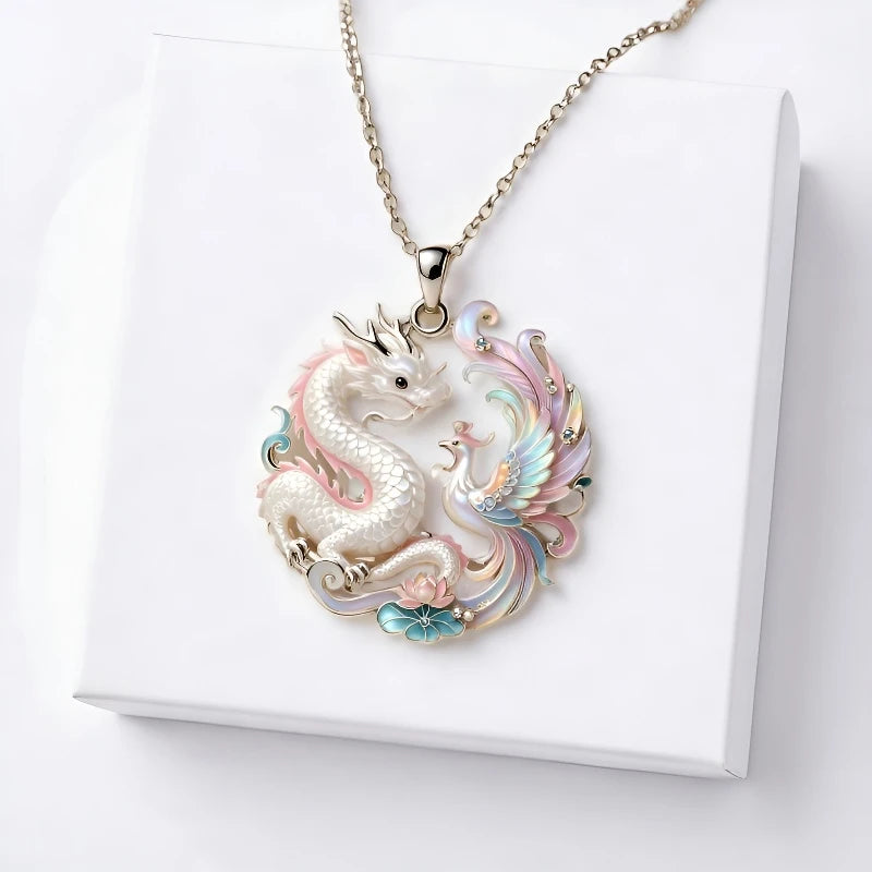 1pcs Gradient Enamel Hollow Dragon Phoenix Lotus Pendant Necklace, Elegant Oriental Style, For Daily Wedding Wear & Couple Lucky Holiday Gifts