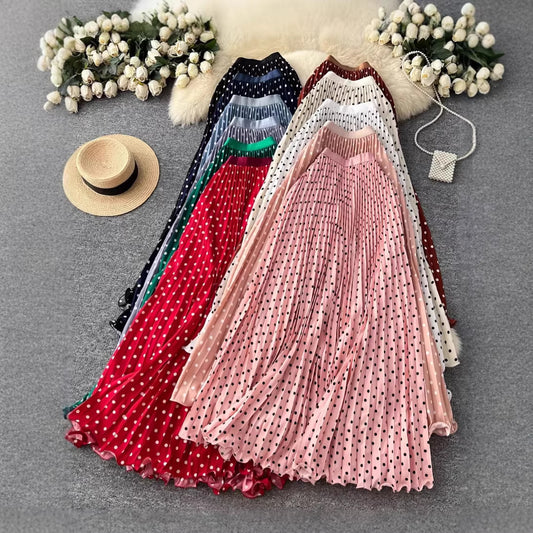 Korean-style Mid-length Polka-dot Pleated Skirt Elegant Midi Skirt