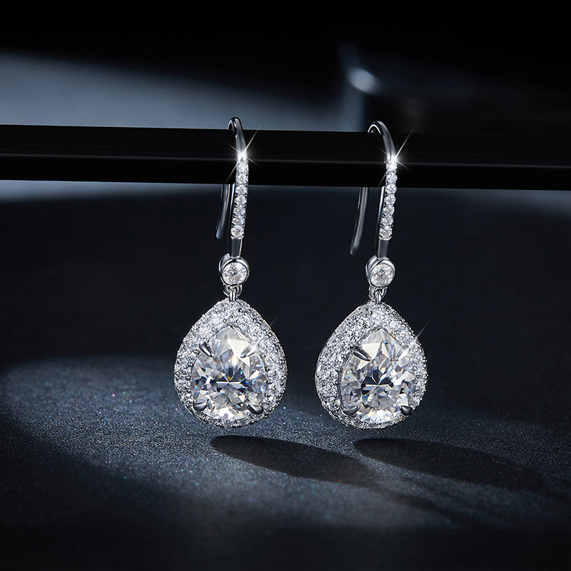 S925 Sterling Silver 7x9mm Pear Cut Moissanite Dangle Earrings  Teardrop Halo Hook Drop Earrings With GRA Certificate Platinum Plated Jewelry Gift Box Set For Women
